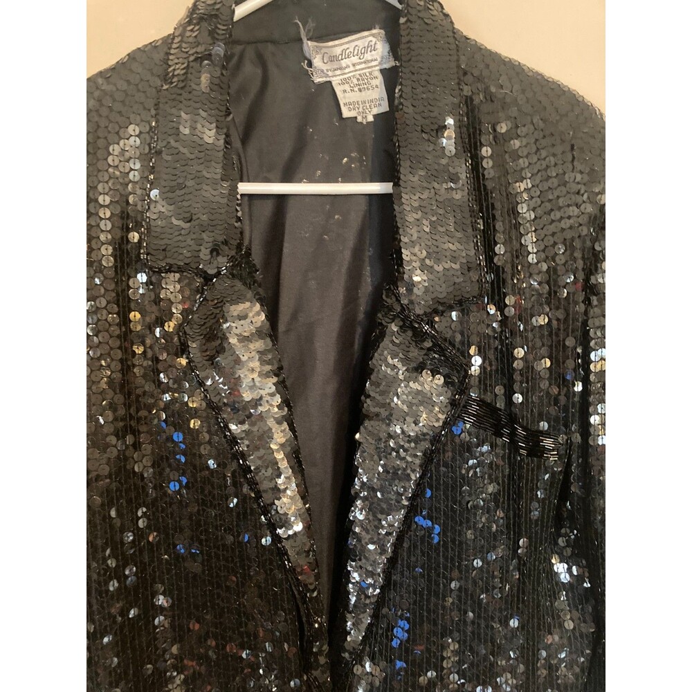 VTG CANDLELIGHT 100% Silk Beaded Sequin Black Cocktail Jacket - size M